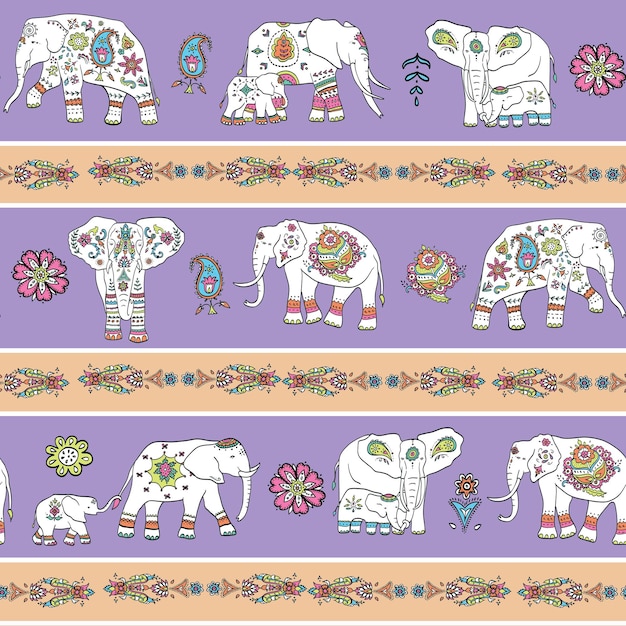 Elefante indio ornamento patrón de vectores sin fisuras