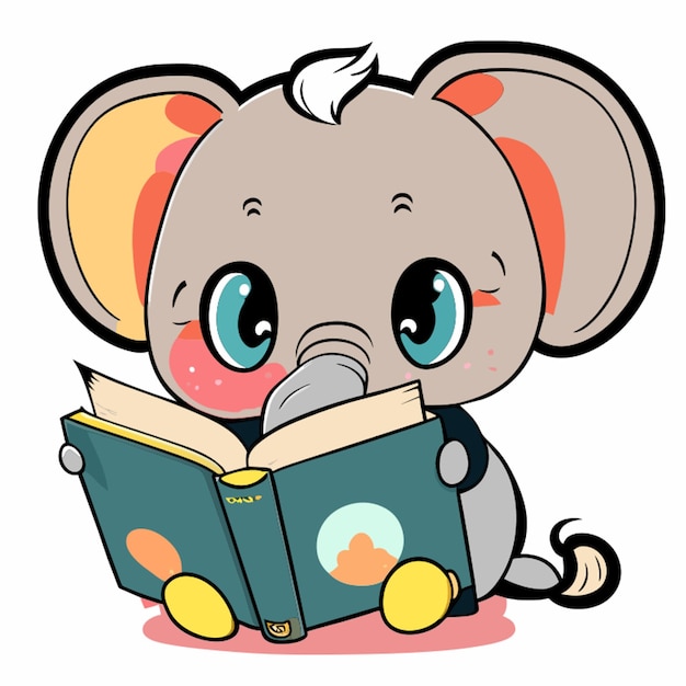 elefante leyendo un libro ilustración vectorial kawaii