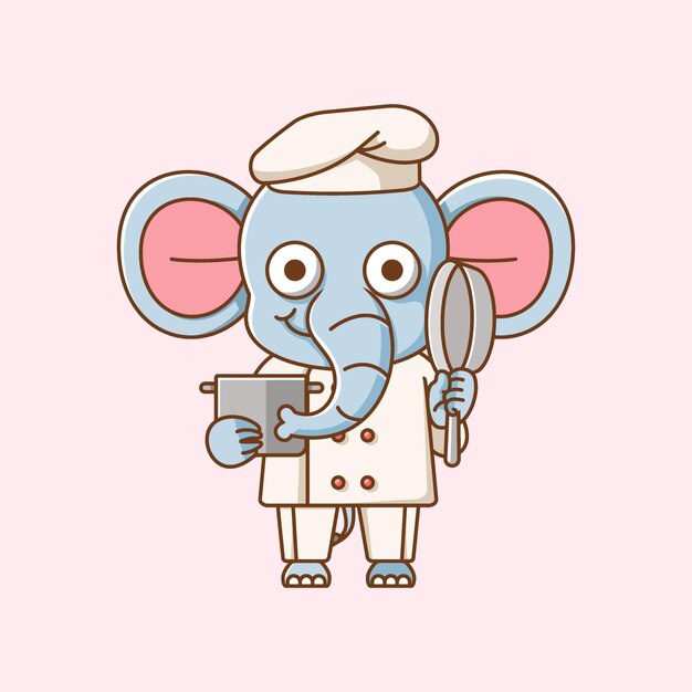 Elefante lindo cocinero cocinero servir comida animal chibi personaje mascota icona ilustración de estilo de línea plana