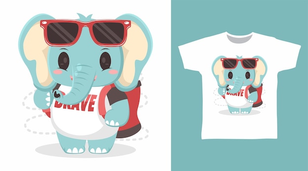 Elefante lindo con diseños de vectores de arte de camiseta de dibujos animados de bolsa