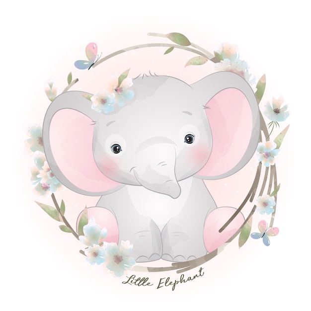 Vector elefante lindo doodle con ilustración floral