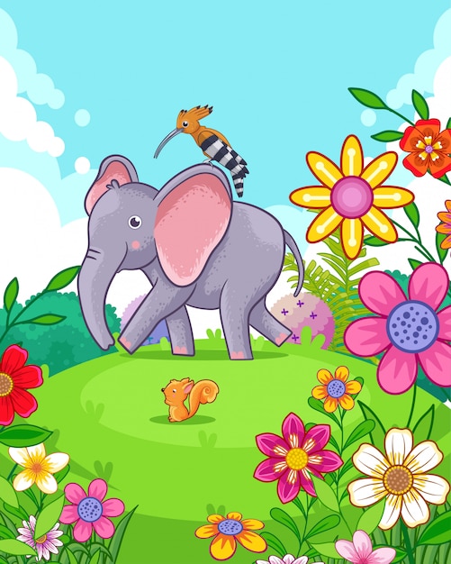 Elefante lindo feliz con flores jugando en el jardín