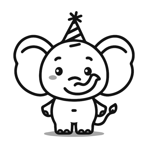 Elefante lindo con gorra de cumpleaños para el libro de colorear
