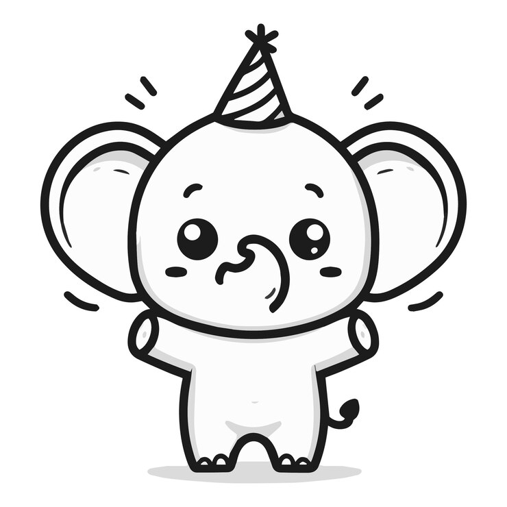 Elefante lindo en gorra de cumpleaños para el vector del libro de colorear