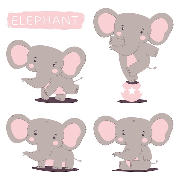 Elefante lindo vector personajes de dibujos animados conjunto aislado.