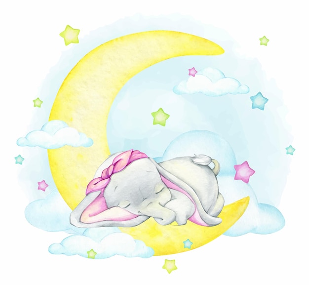 elefante luna nubes estrellas acuarela clipart