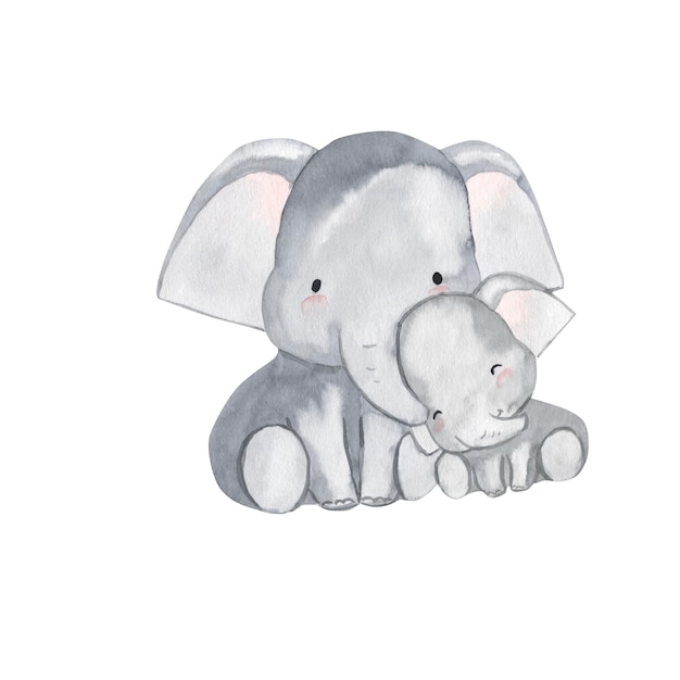 Elefante madre y bebé acuarela ilustración para niños