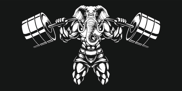 Vector elefante y mancuerna, ilustración en blanco y negro elefante