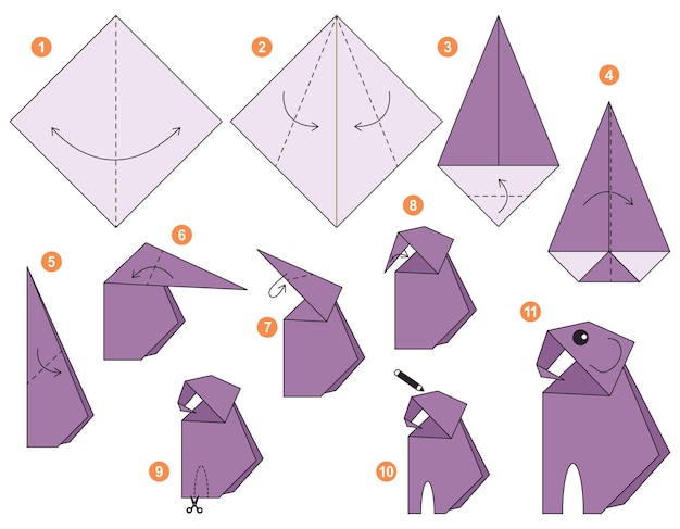 Elefante origami esquema tutorial modelo en movimiento. Papiroflexia para niños. Paso a paso.