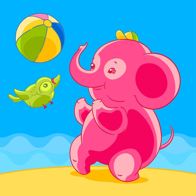 Elefante y pájaro rosados ​​en el estilo de la historieta que juega la bola en la playa arenosa.