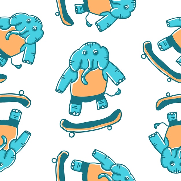 Elefante en un patrón de patineta en estilo plano de dibujos animados