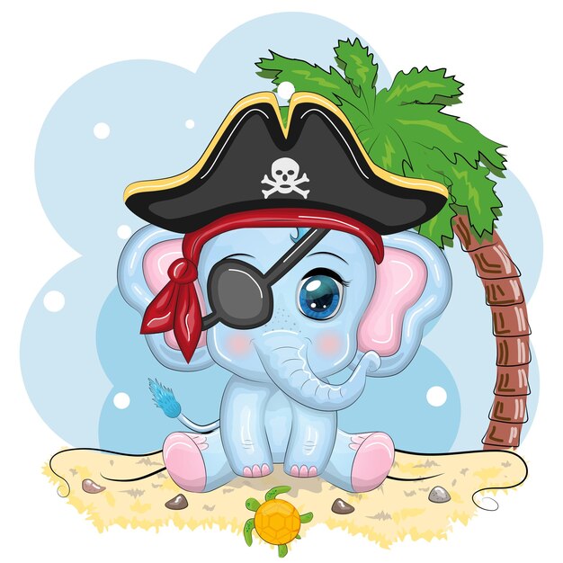 Elefante personaje de dibujos animados pirata del juego animal salvaje en un pañuelo y un sombrero de cuerda con un cráneo