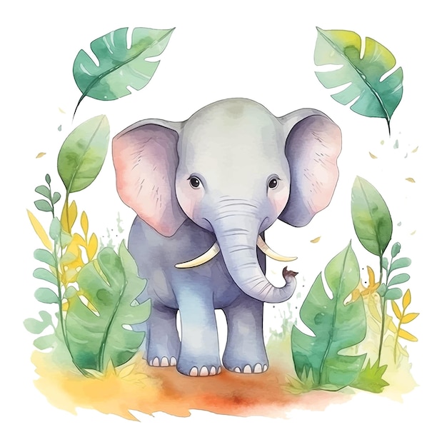 Elefante en pintura de acuarela de dibujos animados de selva