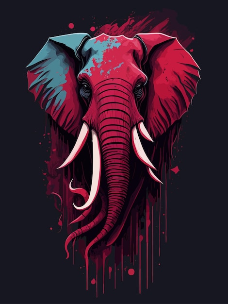 Un elefante rojo con una trompa azul y rosa.