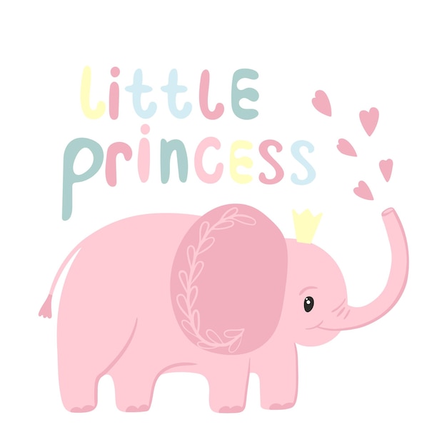 Vector elefante rosa con corona y letras a mano princesita tarjeta de felicitación con elefante bebé