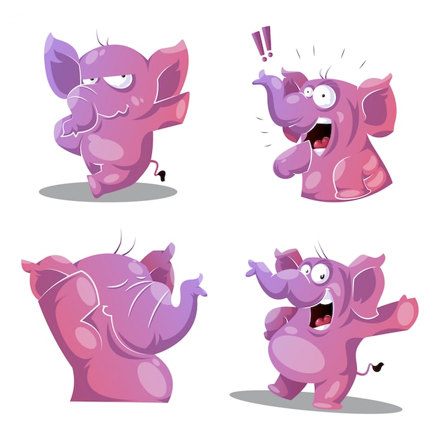 Elefante rosa en cuatro poses diferentes