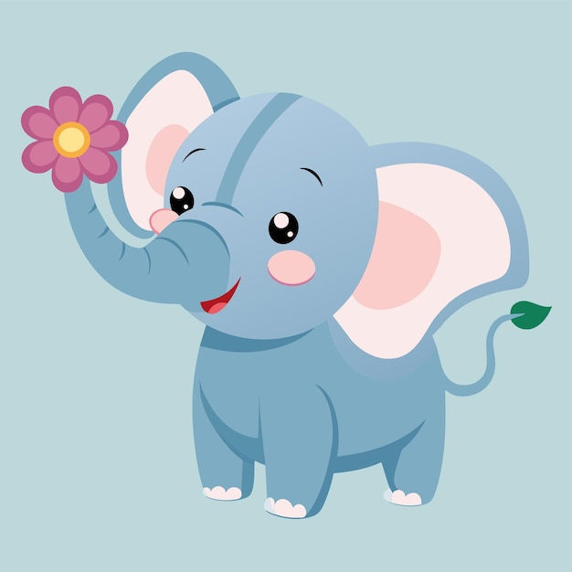 Vector elefante sonriente sosteniendo una flor en su trompa un elefante sorridente con una flor metida detrás de su oreja ilustración vectorial plana simple y minimalista