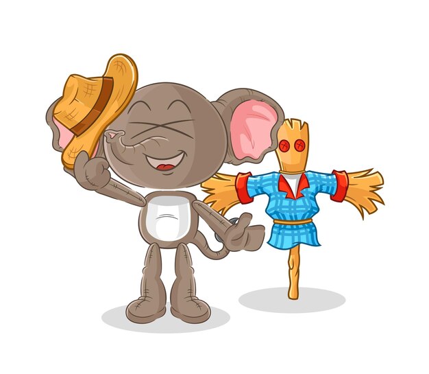 Elefante con vector de personaje de dibujos animados de espantapájaros