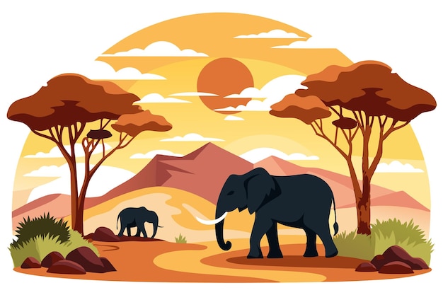 Elefantes africanos que se ponen al sol