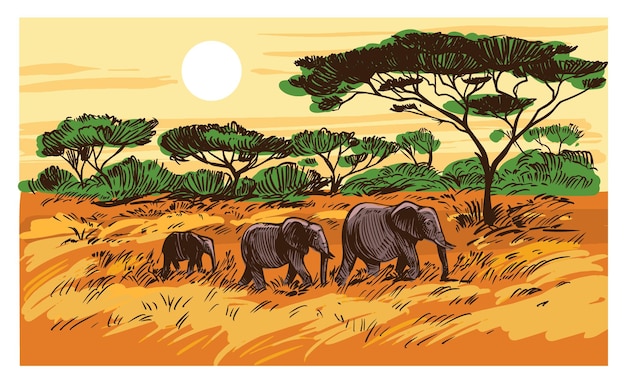 Vector elefantes caminando por la sabana paisaje africano vector dibujo ilustrado a mano
