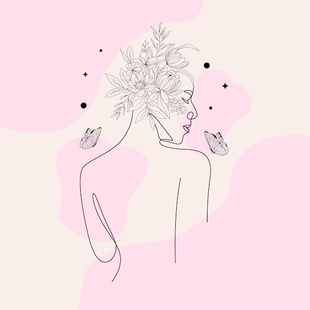 Elegancia Mujer dibujada monolina floral patrón floral botánico diseño de fondo