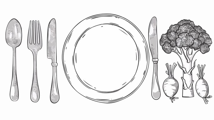 Vector elegant plate knife fork y broccoli line art icon set (conjunto de íconos de arte de la línea de brócoli)