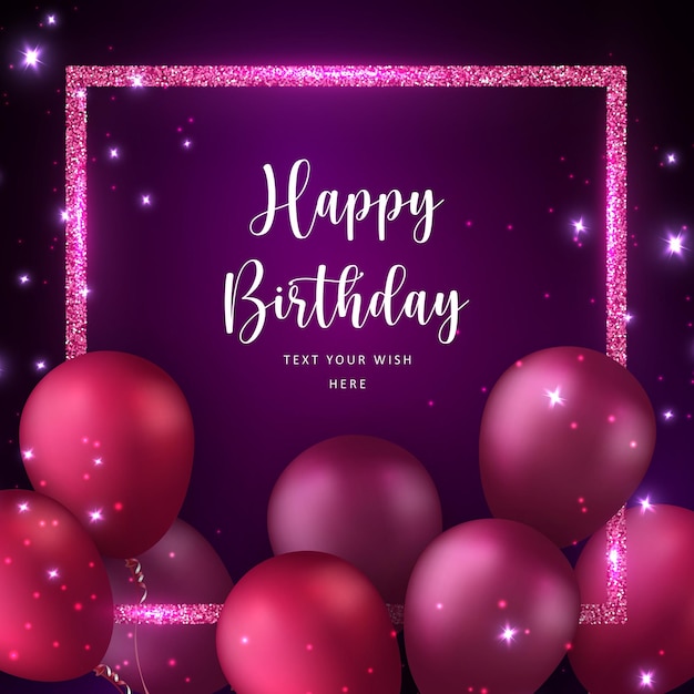Elegante 3D realista dorado magenta rojo púrpura ballon y marco cuadrado Feliz cumpleaños celebración tarjeta banner plantilla fondo