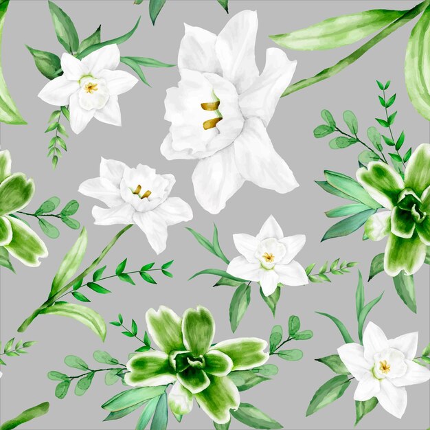 Elegante acuarela flor blanca y hojas verdes diseño de patrones sin fisuras