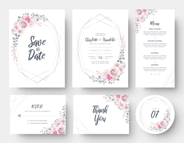 Elegante acuarela de flores plantilla de tarjeta de invitación de boda papelería