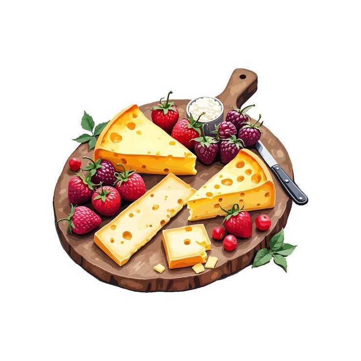 Vector elegante acuarela ilustración de tablero de queso quesos y frutas frescas artesanales