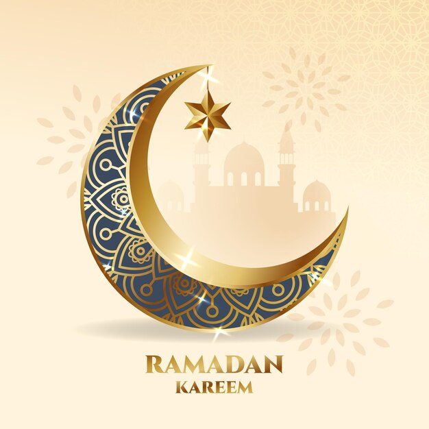 Elegante adorno de luna creciente. tarjeta de felicitación de ramadán kareem con silueta de mezquita.