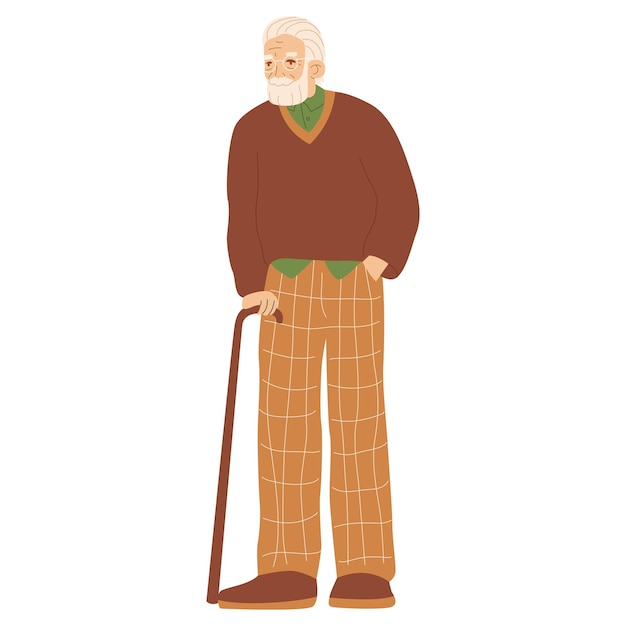 Un elegante anciano con gafas se apoya en un bastón Ocio y estilo de vida de los jubilados Personas mayores activas Vacaciones con el abuelo Cuidado de los padres Ilustración vectorial