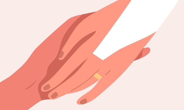 Elegante anillo de bodas dorado en el dedo de la novia de cerca. recién casados manos juntas aisladas sobre fondo beige. pareja de recién casados. ilustración de vector plano.