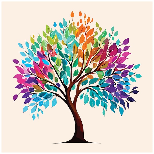 Elegante árbol colorido con hojas vibrantes colgando ilustración de ramas