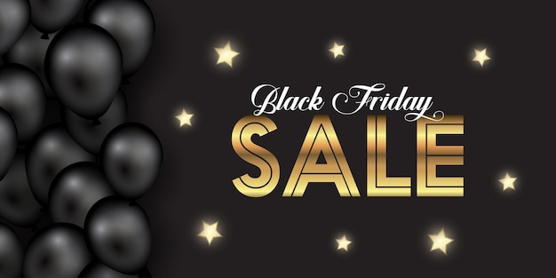 Elegante banner de black friday con estrellas doradas y globos.