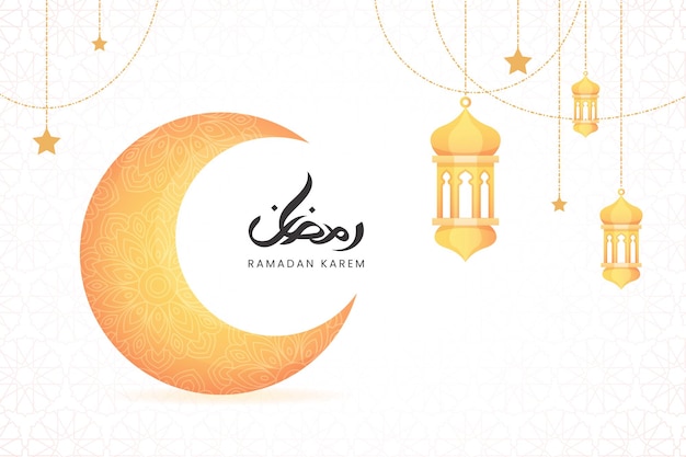 Elegante banner de caligrafía de ramadán kareem con hermoso mandala abstracto y luna creciente