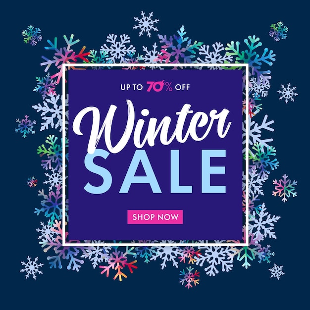 Elegante banner de venta de invierno con copos de nieve de colores. Diseño de letras con copos de nieve en marco.
