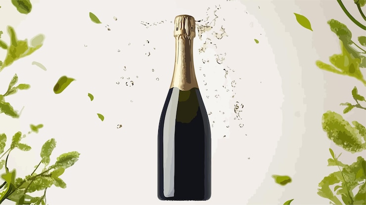 Vector elegante botella de champán que vierte en una composición centrada en un ángulo amplio