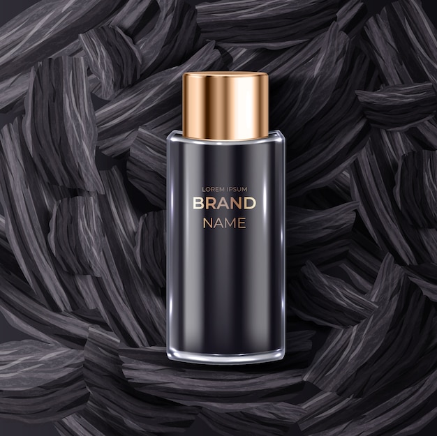 Elegante botella de perfume negra con tapa de oro