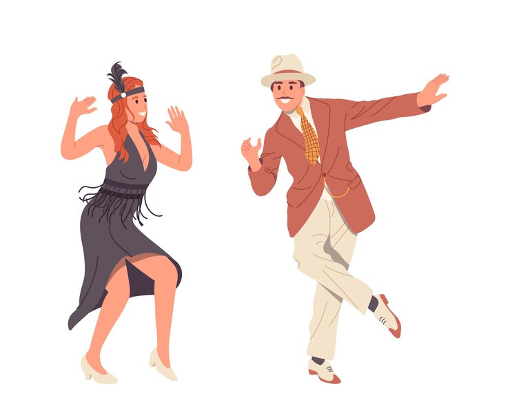 Vector elegante caballero retro y dama personajes de dibujos animados bailando charleston en la fiesta de entretenimiento de gatsby