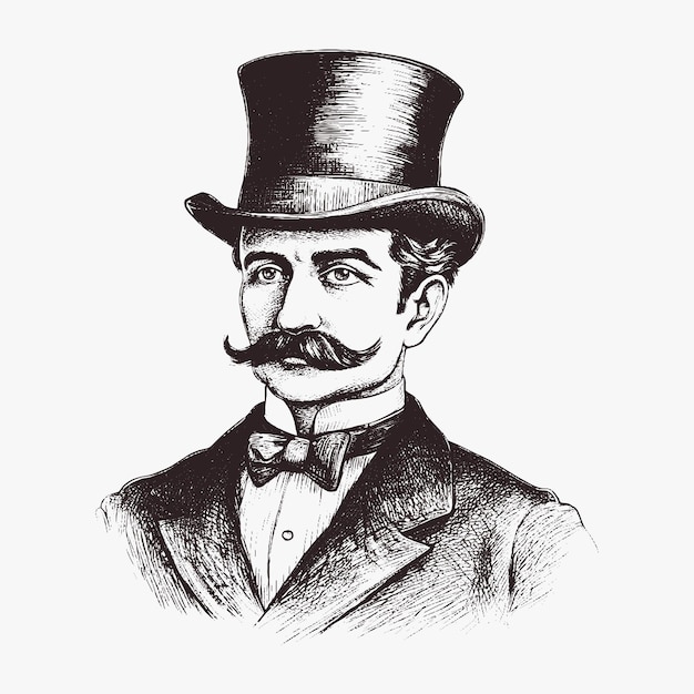 Elegante caballero con sombrero de copa con bigote y barba Estilo vintage Época victoriana vector dibujado a mano