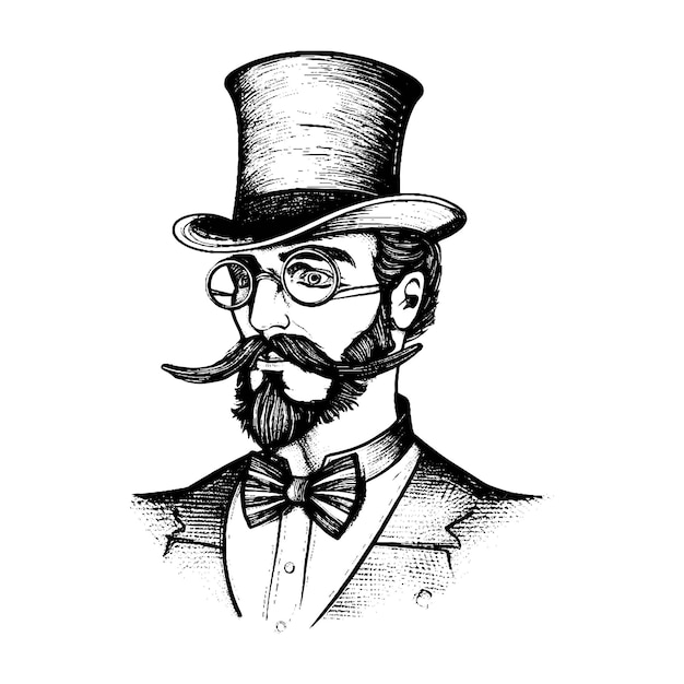Elegante caballero con sombrero de copa con bigote y barba Estilo vintage Época victoriana dibujado a mano