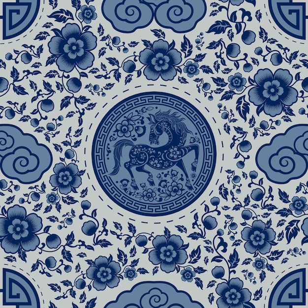 Elegante caballo azul y blanco y patrón floral