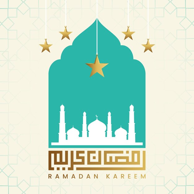 Elegante caligrafía de ramadan kareem con imagen de mezquita y estrella