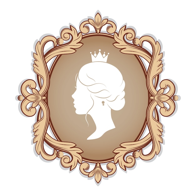 Elegante camafeo con perfil silueta de una princesa en un marco. aislado