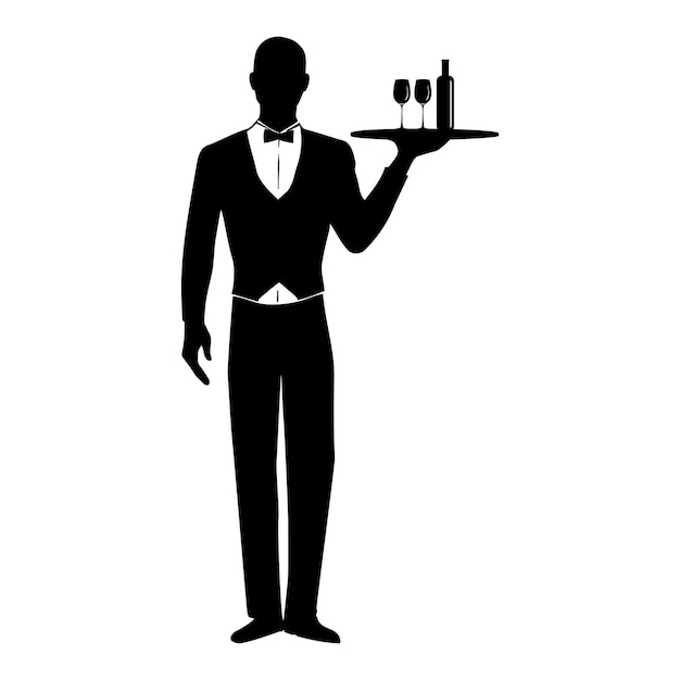 Elegante camarero con una bandeja de bebidas silueta Ilustración vectorial