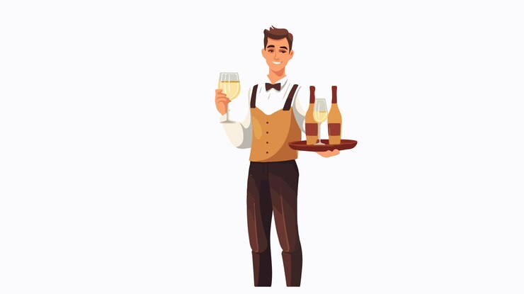 Vector elegante camarero con bandeja sirviendo bebidas en un restaurante