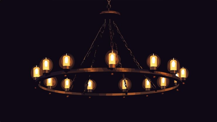 Vector elegante candelabro circular antiguo en un sótano con poca luz