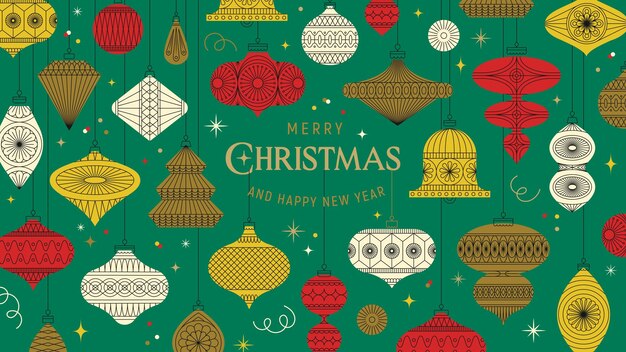 Elegante cartel navideño vintage con adornos estrellas y campanas en un fondo verde perfecto para