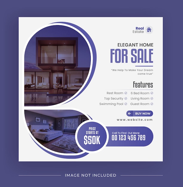 Elegante casa en venta inmobiliaria publicación en redes sociales o diseño de plantilla de banner con color muy peri